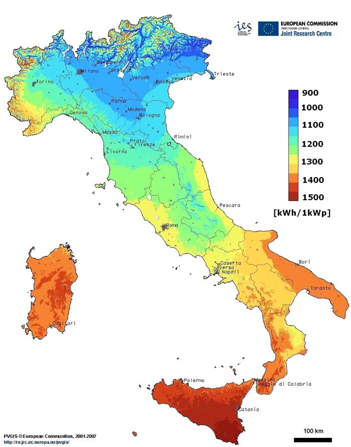 Irraggiamento solare in Italia, regione per regione.