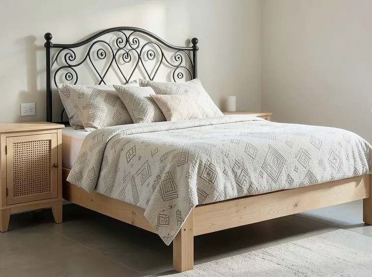 Letto in legno con dettagli in ferro battuto.