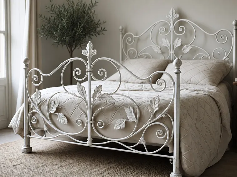 Letto in ferro battuto decorato con foglie e fiori