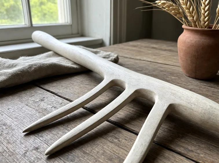 Un vecchio forcone di legno intagliato a mano