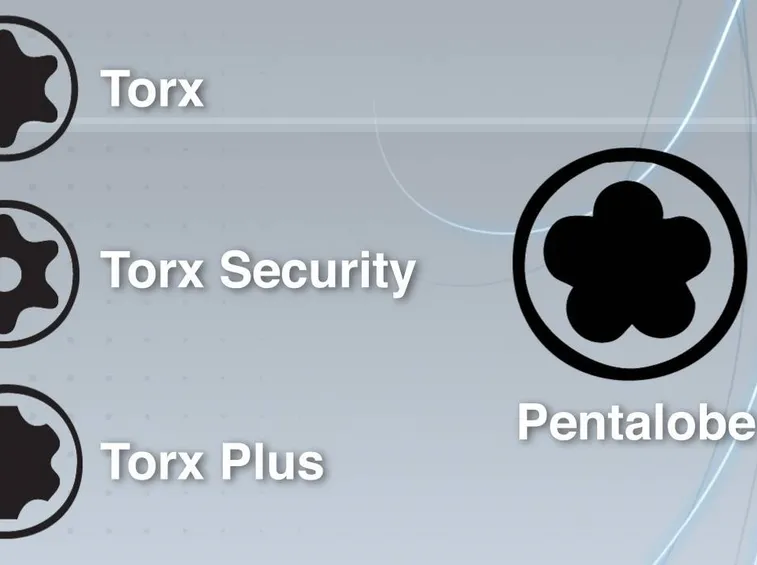In foto da sopra a sotto e sinistra a destra: Torx, Resistorx, Plus, e Pentalobate.