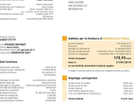 Primo foglio della bolletta (sintesi)