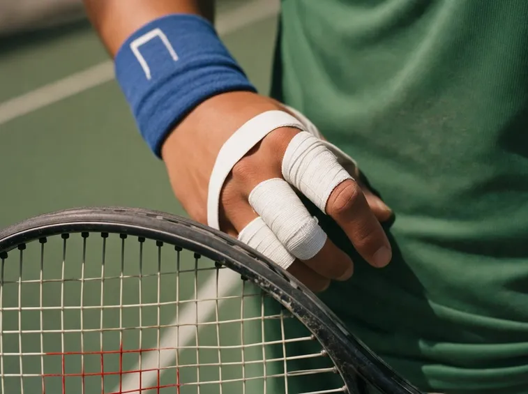 Dita di un tennista fasciate con nastro isolante di colore bianco