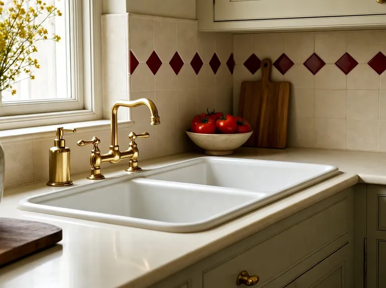 Lavello in ceramica con rubinetti dorati