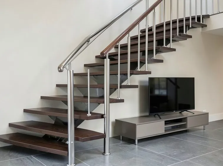 Un'elegante scala autoportante con sotto un mobile con tv