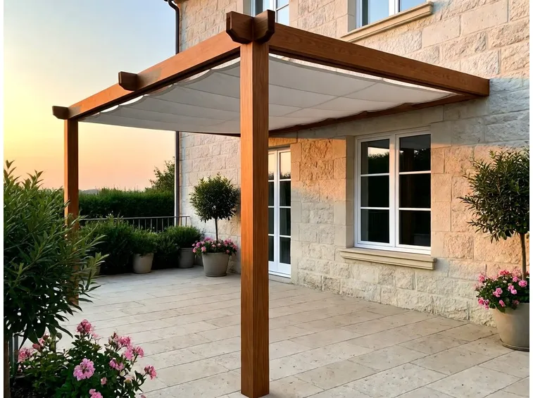 tettoia in legno con tenda scorrevole