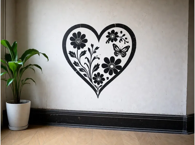 Parete interamente decorata con la tecnica dello stencil