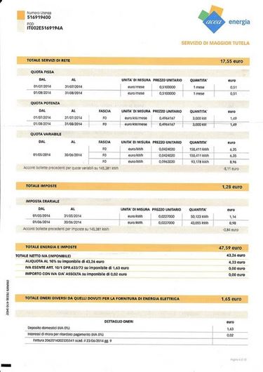 Bolletta elettrica totale servizi di rete