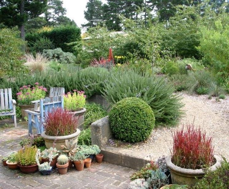 Un angolo di giardino arredato con piante in vaso